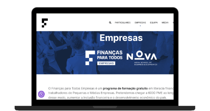 Página do programa Finanças para Todos Empresas apresentada num computador portátil